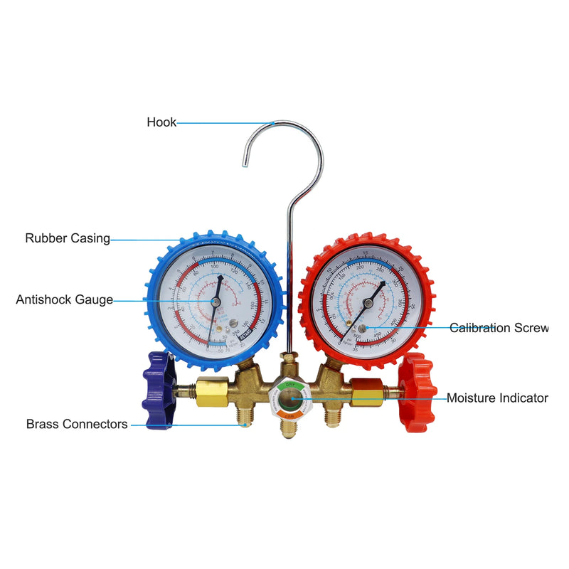 R134a Air Conditioning Pressure Gauge with Hose and Hook 3 Way AC Diagnostic Manifold Gauge Set Freon For R12 R22 R404A R134a