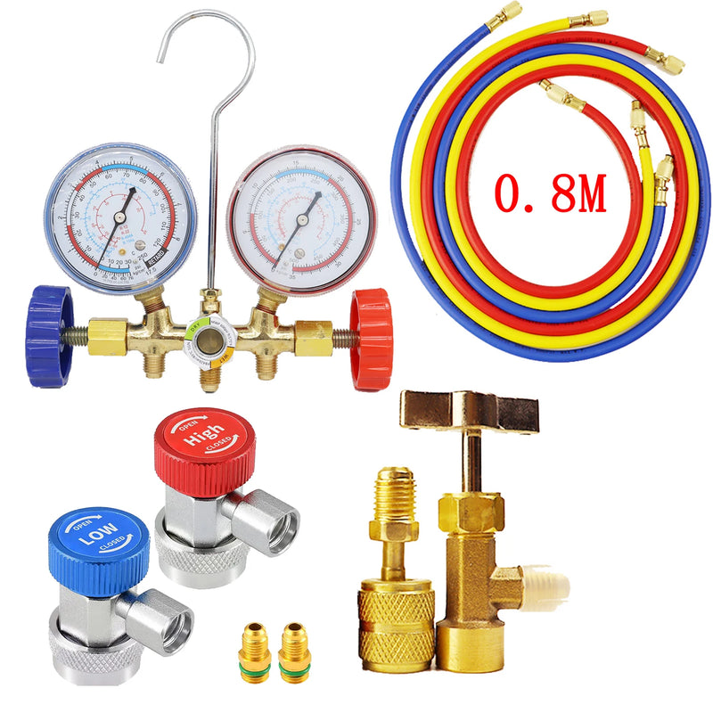 R134a Air Conditioning Pressure Gauge with Hose and Hook 3 Way AC Diagnostic Manifold Gauge Set Freon For R12 R22 R404A R134a