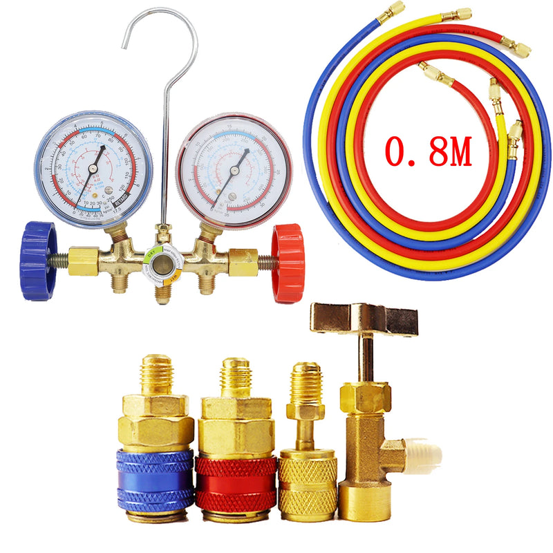 R134a Air Conditioning Pressure Gauge with Hose and Hook 3 Way AC Diagnostic Manifold Gauge Set Freon For R12 R22 R404A R134a
