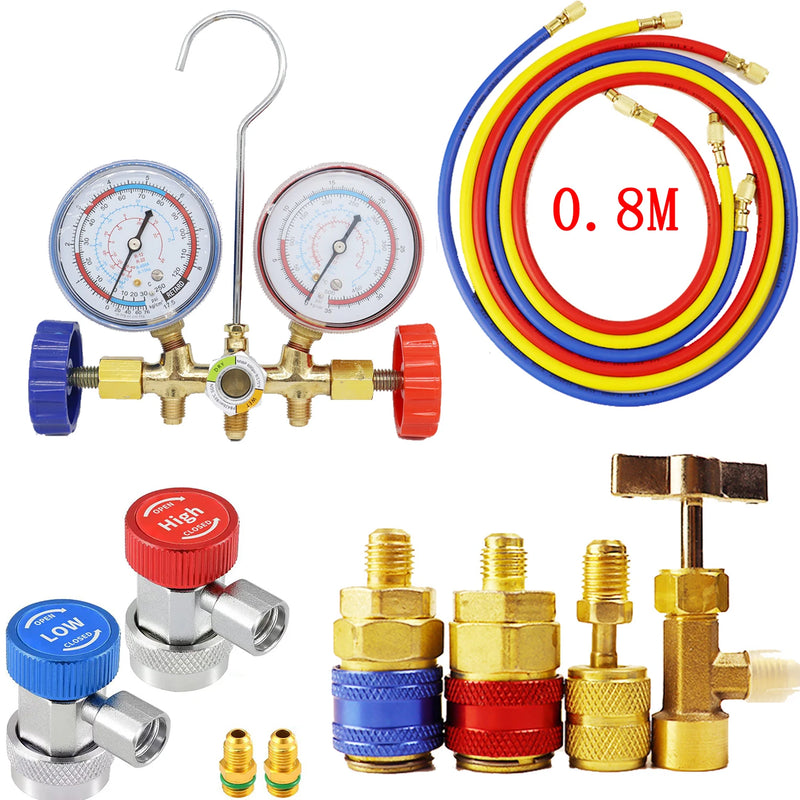 R134a Air Conditioning Pressure Gauge with Hose and Hook 3 Way AC Diagnostic Manifold Gauge Set Freon For R12 R22 R404A R134a